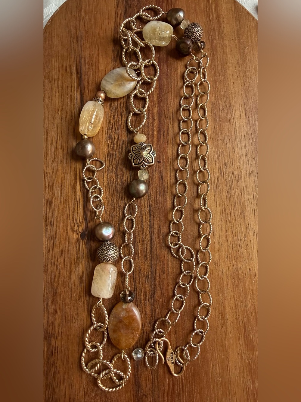 Barse Gold-Tone Beaded Layered Necklace with Amber and Cream Gemstones Long